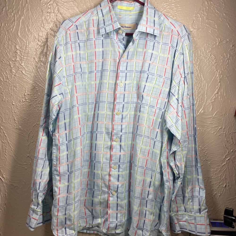Tommy Bahama Blue Long Sleeve Button Up Cotton Silk Blend Plaid Shirt Mens Large
